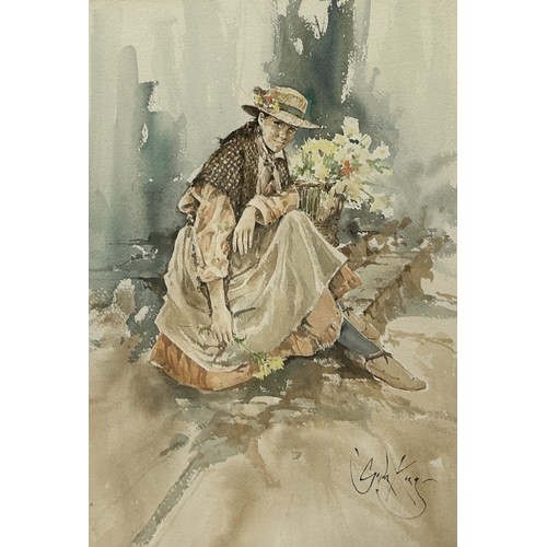 848 - GORDON KING (BRITISH 1939-2022): A WATERCOLOUR PAINTING ON PAPER DEPICTING A SEATED LADY 54cm x 37cm... 