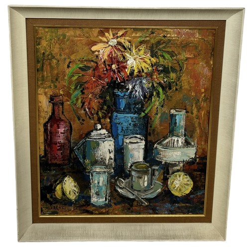 859 - A LARGE OIL PAINTING ON BOARD DEPICTING A STILL LIFE WITH TEA, FLOWERS AND LEMONS 70cm x 59cm Framed... 