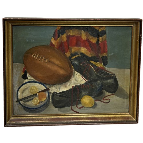 858 - RUGBY INTEREST: AN OIL PAINTING ON BOARD DEPICTING A STILL LIFE WITH RUGBY KIT 45cm x 35cm Framed 50... 