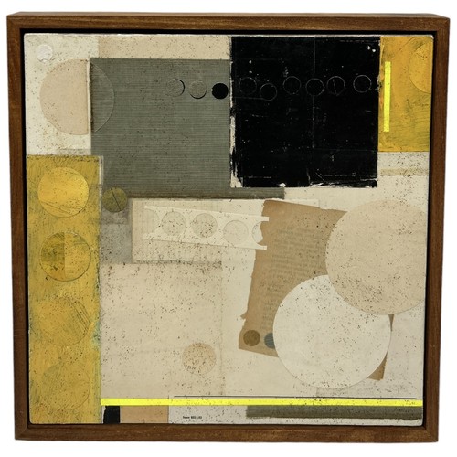 853 - EMMA DAVIES: A MIXED MEDIA COLLAGE 'HOT LEMON' 30cm x 30cm Label to verso for Chelsea Art Society 74... 