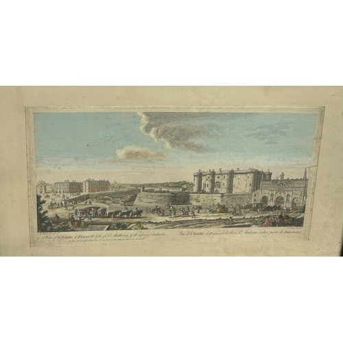 856 - A POSSIBLY 18TH CENTURY ENGRAVING DEPICTING THE BASTILLE, FRANCE 49cm x 27cm Framed and glazed. 75cm... 