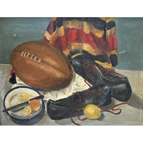 858 - RUGBY INTEREST: AN OIL PAINTING ON BOARD DEPICTING A STILL LIFE WITH RUGBY KIT 45cm x 35cm Framed 50... 