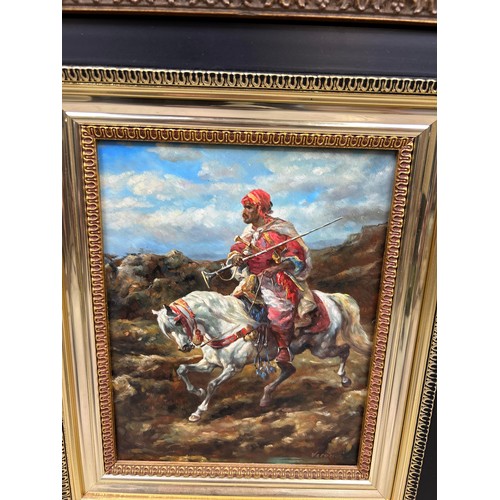 857 - PERSIAN SCHOOL: A PAIR OF OIL PAINTINGS ON BOARD DEPICTING HORSES AND RIDERS 24cm x 19cm each. Frame... 