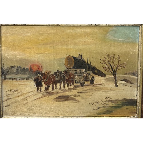 867 - A PAIR OF LOGGING SCENE PAINTINGS One an oil painting on canvas depicting a farmer with horses in th... 