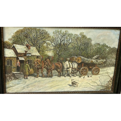 867 - A PAIR OF LOGGING SCENE PAINTINGS One an oil painting on canvas depicting a farmer with horses in th... 