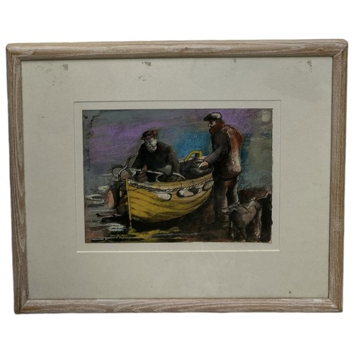 881 - CORNISH SCHOOL: A PASTEL / CRAYON DRAWING ON PAPER DEPICTING TWO FISHERMAN WITH A BOAT AND DOG Initi... 