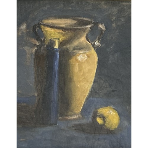 879 - AN OIL PAINTING ON CANVAS DEPICTING A STILL LIFE WITH OIL JAR AND LEMON 31cm x 24cm Gilt wood frame ... 