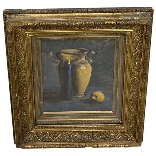 879 - AN OIL PAINTING ON CANVAS DEPICTING A STILL LIFE WITH OIL JAR AND LEMON 31cm x 24cm Gilt wood frame ... 