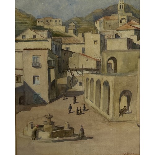 882 - M.M SANKEY (BRITISH): A WATERCOLOUR PAINTING ON PAPER DEPICTING A CONTINENTAL STREET SCENE WITH FIGU... 