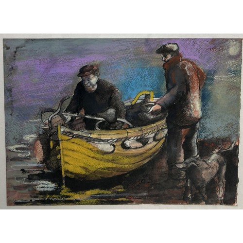 881 - CORNISH SCHOOL: A PASTEL / CRAYON DRAWING ON PAPER DEPICTING TWO FISHERMAN WITH A BOAT AND DOG Initi... 