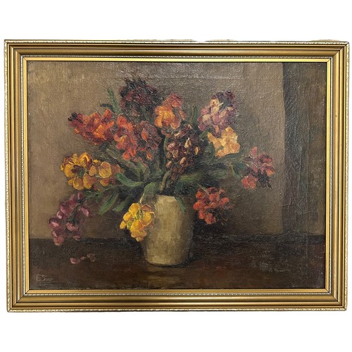 883 - E. SOAR: AN OIL PAINTING ON CANVAS DEPICTING A STILL LIFE WITH FLOWERS IN A VASE 45cm x 35cm Framed ... 