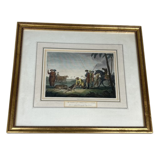 897 - A 19TH CENTURY PRINT: 'THE CONCLUSION OF A CHEETA HUNT AT CAMBAY' Hand coloured. From an original et... 