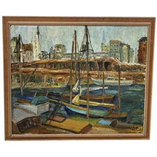 901 - AN OIL PAINTING ON BOARD DEPICTING A CORNISH HARBOUR SCENE WITH SAILBOATS Signed indistinctly bottom... 