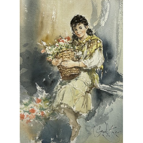 898 - GORDON KING (BRITISH 1939-2022): A WATERCOLOUR PAINTING ON PAPER DEPICTING A SEATED LADY HOLDING A B... 