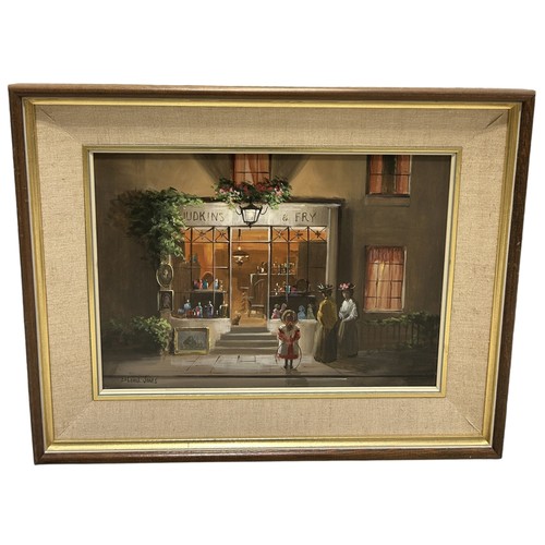 895 - DEBORAH JONES (1921-2012): AN OIL PAINTING ON CANVAS DEPICTING JUDKINS AND FRY ANTIQUE SHOP 39cm x 2... 