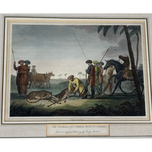 897 - A 19TH CENTURY PRINT: 'THE CONCLUSION OF A CHEETA HUNT AT CAMBAY' Hand coloured. From an original et... 