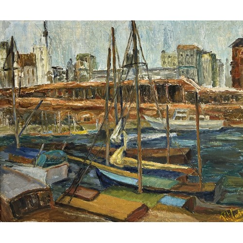 901 - AN OIL PAINTING ON BOARD DEPICTING A CORNISH HARBOUR SCENE WITH SAILBOATS Signed indistinctly bottom... 