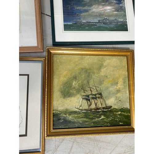 903 - A COLLECTION OF LANDSCAPE WATERCOLOURS, PENCIL DRAWING OF CATS, OIL PAINTING DEPICTING SHIPS (10) Ea... 