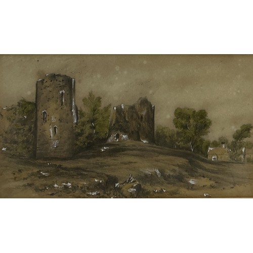 922 - A PENCIL DRAWING ON PAPER DEPICTING A RUINED CASTLE Heightened with white and watercolour. 31cm x 19... 