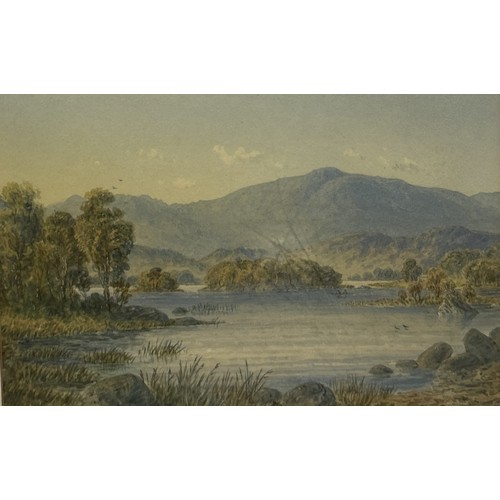 907 - WILLIAM TAYLOR LONGMIRE (BRITISH 1841-1914): A WATERCOLOUR PAINTING ON PAPER DEPICTING A LAKE 33cm x... 