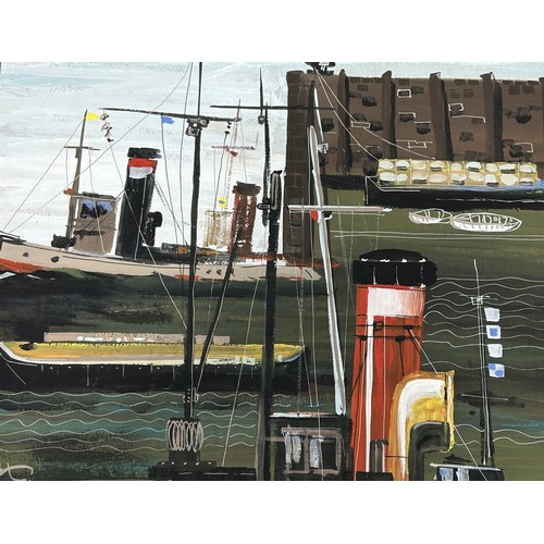 909 - AN ACRYLIC PAINTING ON PAPER DEPICTING SHIPS IN A HARBOUR