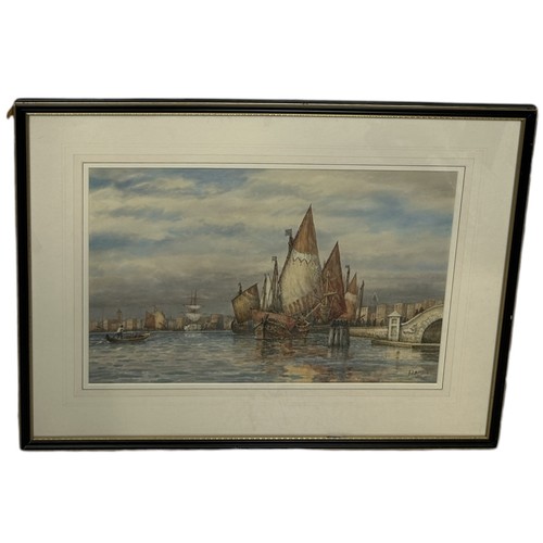 954 - F.J. ALDRIDGE: A WATERCOLOUR PAINTING DEPICTING A VENETIAN SCENE WITH SAIL BOATS 54cm x 37cm Framed ... 