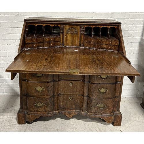 1017 - AN 18TH CENTURY WALNUT SERPENTINE BUREAU 103cm x 90cm x 52cm