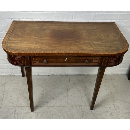 1020 - A REGENCY MAHOGANY CARD TABLE WITH MARQUETRY INLAID GREEK KEY 99cm x 97cm x 73cm when open.