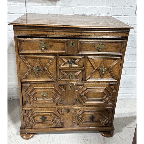 1024 - A 17TH CENTURY AND LATER GEOMETRIC OAK CHEST OF DRAWERS 90cm x 75cm x 47cm