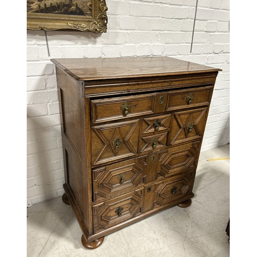 1024 - A 17TH CENTURY AND LATER GEOMETRIC OAK CHEST OF DRAWERS 90cm x 75cm x 47cm