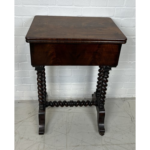 1031 - A VICTORIAN SEWING TABLE WITH TURNED SUPPORTS AND FITTED INTERIOR 78cm x 53cm x 35cm