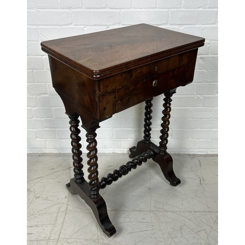 1031 - A VICTORIAN SEWING TABLE WITH TURNED SUPPORTS AND FITTED INTERIOR 78cm x 53cm x 35cm