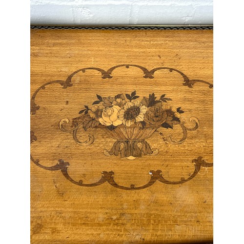 1053 - A 19TH CENTURY FRENCH BRONZE TABLE WITH MARQUETRY INLAID TOP SWAN NECK ENDS, ACANTHUS LEAF LEGS AND ... 