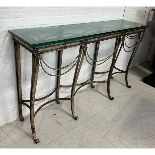 1056 - A LARGE REGENCY STYLE WROUGHT IRON CONSOLE TABLE WITH HEAVY GLASS TOP 152cm x 91cm x 38cm