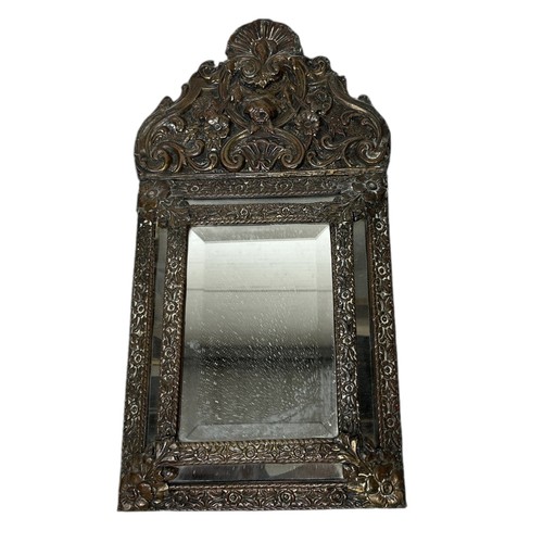 1080 - AN ANTIQUE DUTCH REPOUSSE WALL MIRROR 52cm x 26cm