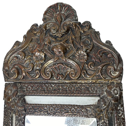 1080 - AN ANTIQUE DUTCH REPOUSSE WALL MIRROR 52cm x 26cm