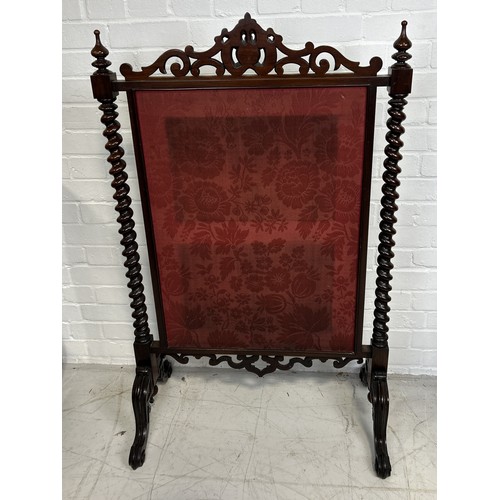 1074 - A VICTORIAN MAHOGANY FIRE SCREEN WITH EMBROIDERED PANEL DEPICTING A DOG 115cm x 71cm