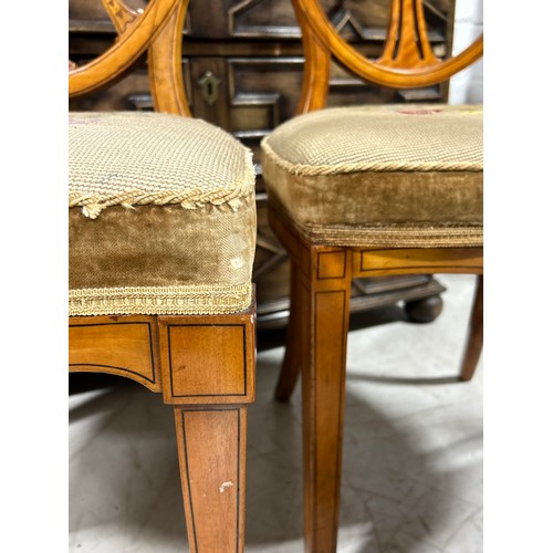 1085 - A PAIR OF SHERATON REVIVAL SIDE CHAIRS, SATINWOOD INLAID WITH NEEDLEPOINT UPHOLSTERED SEATS (2) Back... 