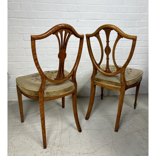 1085 - A PAIR OF SHERATON REVIVAL SIDE CHAIRS, SATINWOOD INLAID WITH NEEDLEPOINT UPHOLSTERED SEATS (2) Back... 