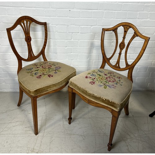 1085 - A PAIR OF SHERATON REVIVAL SIDE CHAIRS, SATINWOOD INLAID WITH NEEDLEPOINT UPHOLSTERED SEATS (2) Back... 