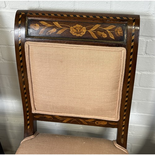 1097 - A SET OF FOUR DUTCH MARQUETRY INLAID SIDE CHAIRS PROBABLY LATE 19TH CENTURY 86cm x 44cm x 44cm each.