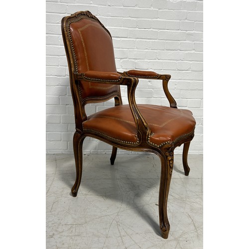 1102 - A FRENCH FAUTEUIL UPHOLSTERED IN TOOLED TAN BUTTON BACK LEATHER 102cm x 68cm x 65cm