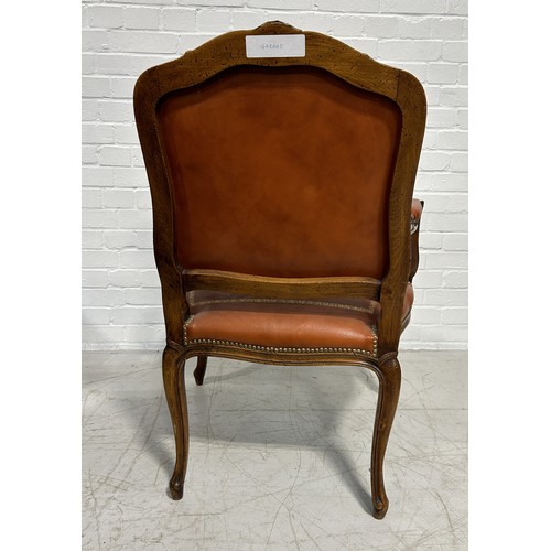 1102 - A FRENCH FAUTEUIL UPHOLSTERED IN TOOLED TAN BUTTON BACK LEATHER 102cm x 68cm x 65cm