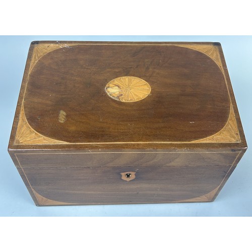 1110 - A 19TH CENTURY SHERATON REVIVAL STATIONARY BOX WITH MARQUETRY INLAID OVAL PATERA 23cm x 17cm x 13cm