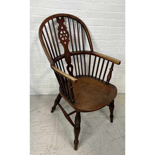 1132 - AN ASH AND ELM WINDSOR ARMCHAIR STAMPED 'F.W' 105cm x 70cm x 55cm