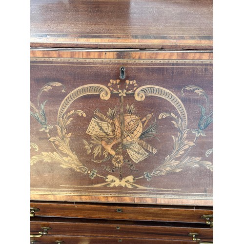 1137 - AN ANTIQUE BUREAU WITH MARQUETRY INLAY 103cm x 95cm x 45cm