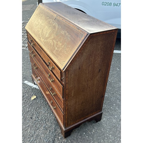 1137 - AN ANTIQUE BUREAU WITH MARQUETRY INLAY 103cm x 95cm x 45cm