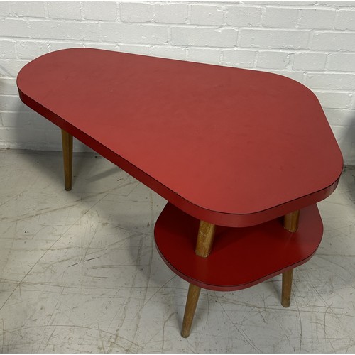 1147 - A 1950S RED VINTAGE COFFEE TABLE WITH TWO FORMICA TOPS 89cm x 58cm x 51 cm