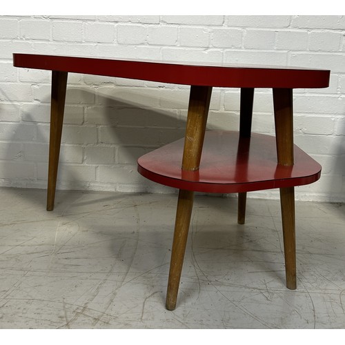 1147 - A 1950S RED VINTAGE COFFEE TABLE WITH TWO FORMICA TOPS 89cm x 58cm x 51 cm