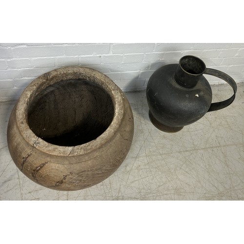 1239 - A LARGE WOODEN STORAGE POT ALONG WITH A METAL JUG (2) Pot 55cm x 35cm